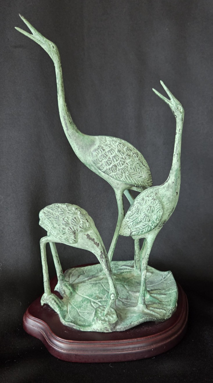 Vintage Toyo Korea Cast Metal 3 Cranes Herons Lily Pad Green Verdigris Wood Base